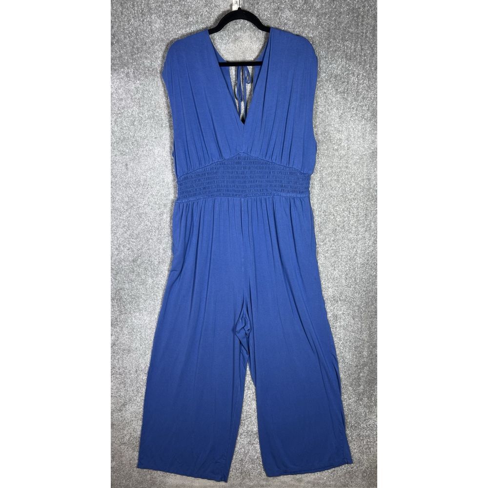 Old Navy Jumpsuit Womens Sz XXL Tall Blue Smocked Stretch Pockets Wide Leg Vneck